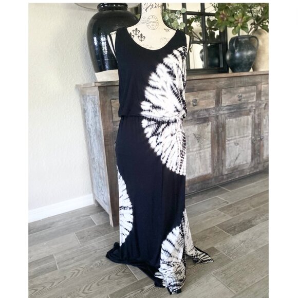 Black & White Boho Tie Dye Studded Maxi Dress - Picture 1 of 15